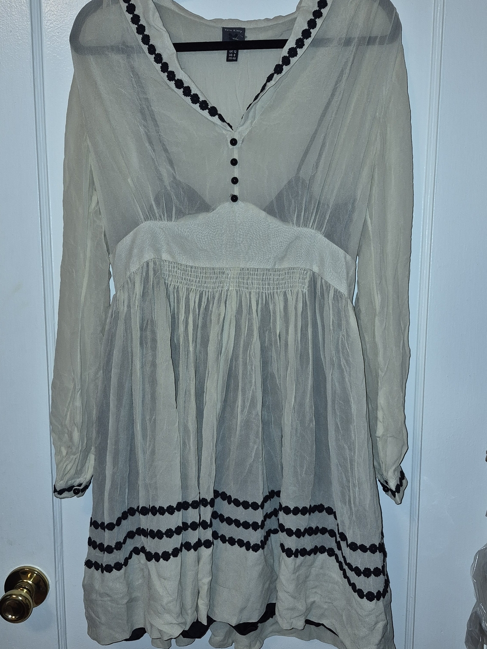 Orla Kiely Silk Georgette Dress Sheer Long-Sleeve Ivory Black Floral Trim, US 8